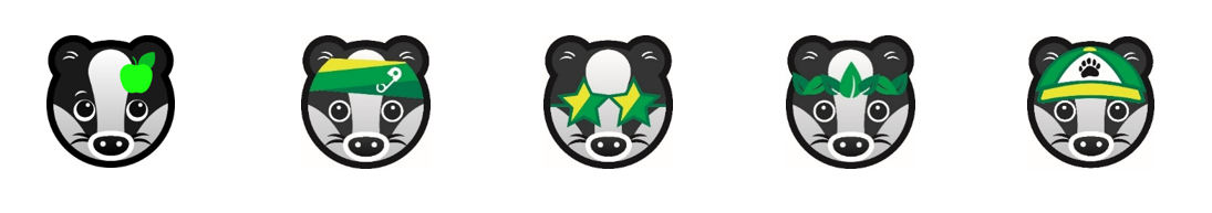 Series of badge logos featuring a cartoon badgers head as the background.